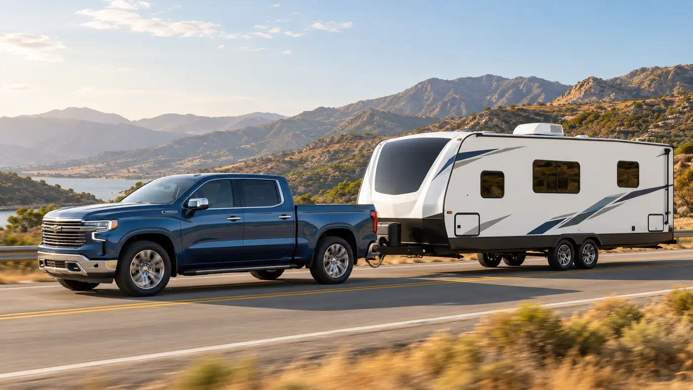 A pickup truck correctly towing a travel trailer on a Southern California road