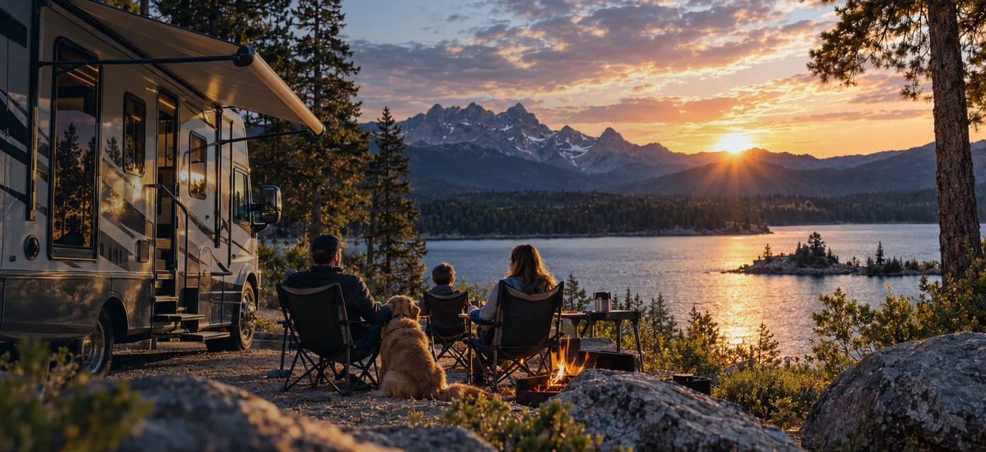Illustrative RV road trip at sunset