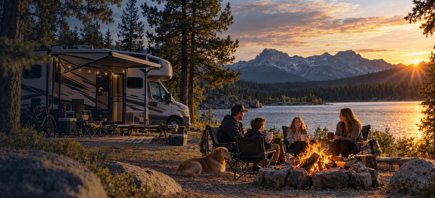 RV campsite beside a mountain lake at sunset