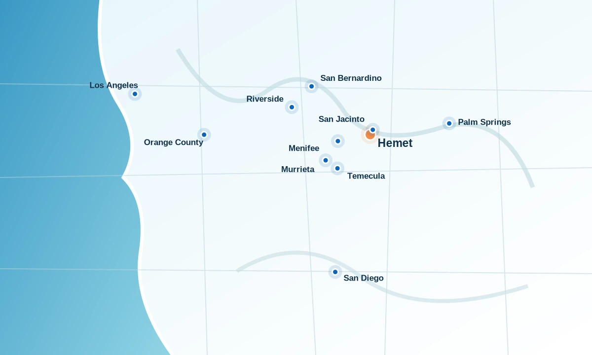 Southern California orientation map showing Hemet and nearby cities