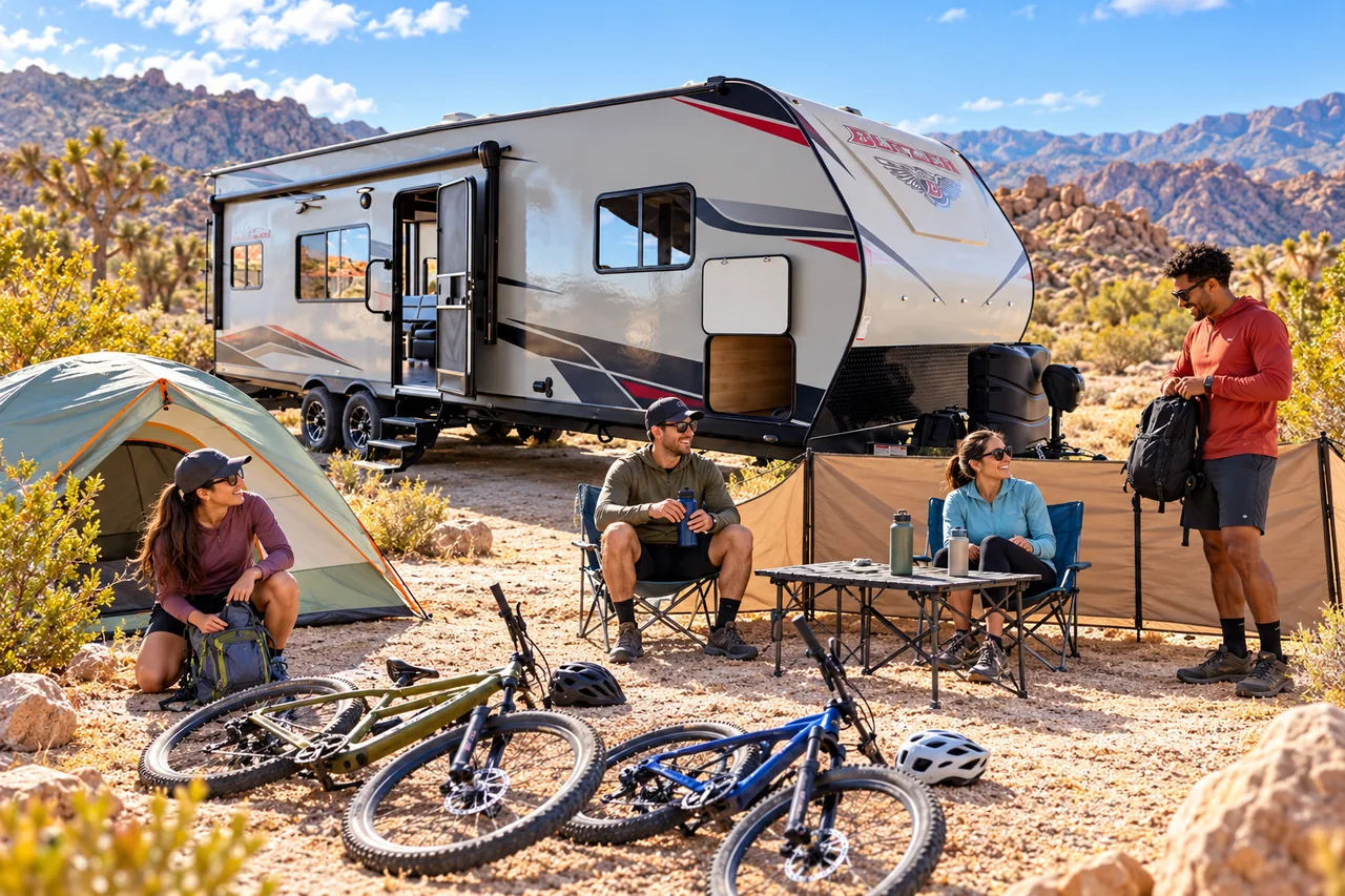 Edited lifestyle scene of a desert camp beside the WeRV Genesis Blazin toy hauler