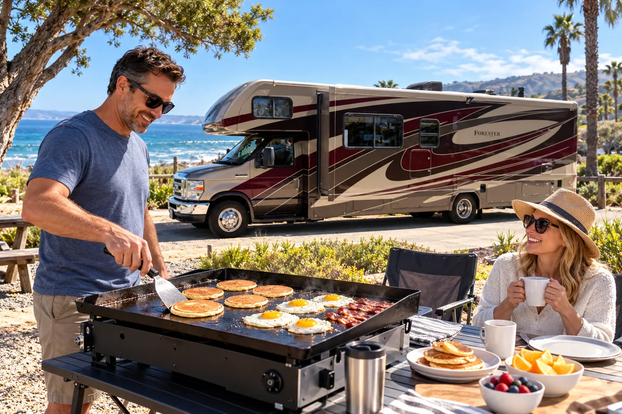 Edited lifestyle scene of outdoor breakfast beside the WeRV Forester motorhome