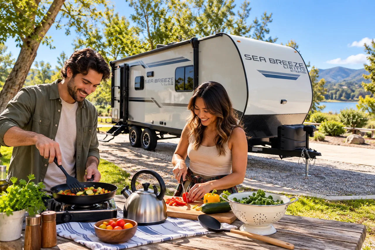 Edited lifestyle scene of camp meal preparation beside the WeRV Sea Breeze trailer
