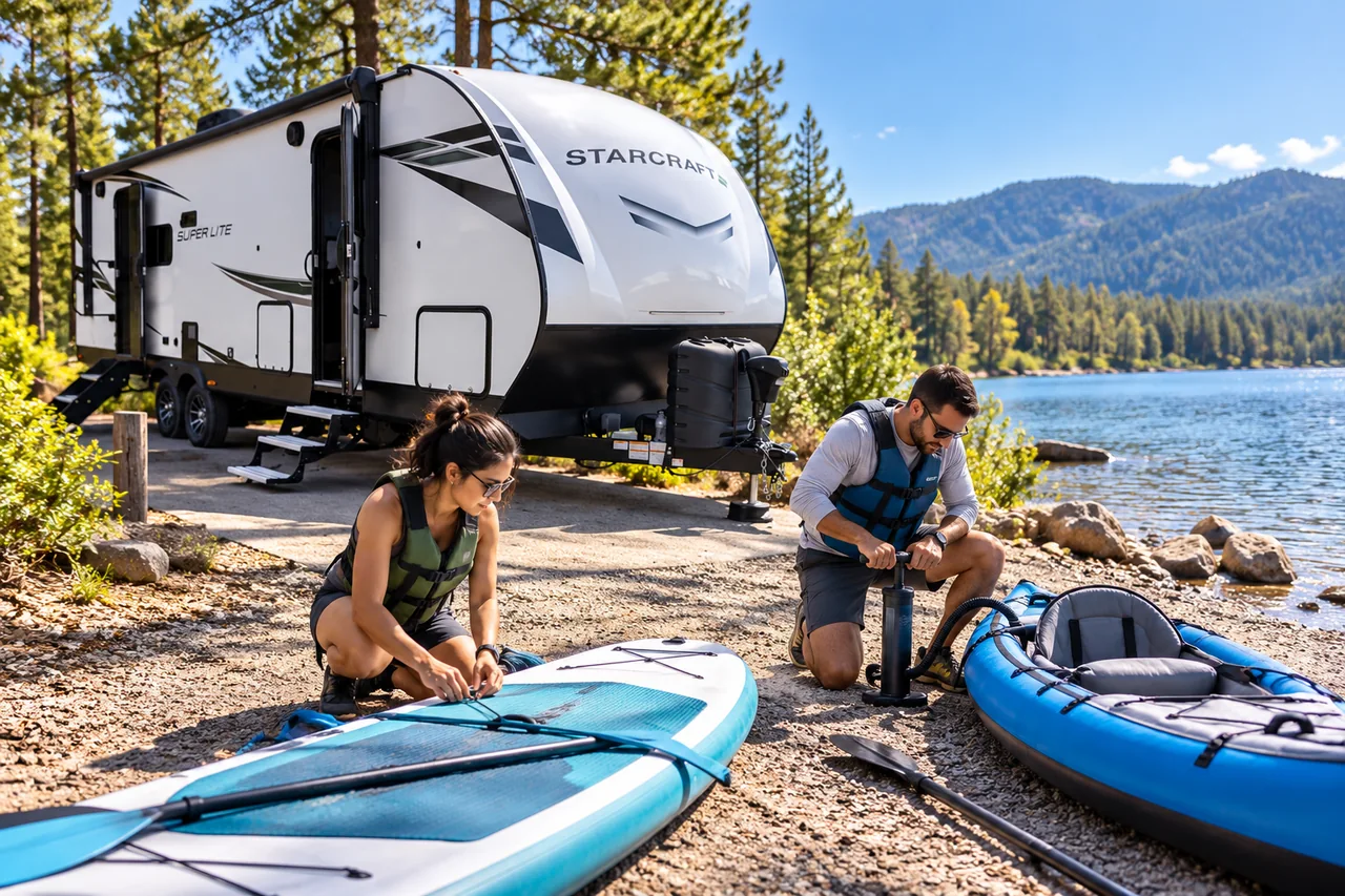 Edited lifestyle scene of lake gear preparation beside the WeRV Starcraft trailer