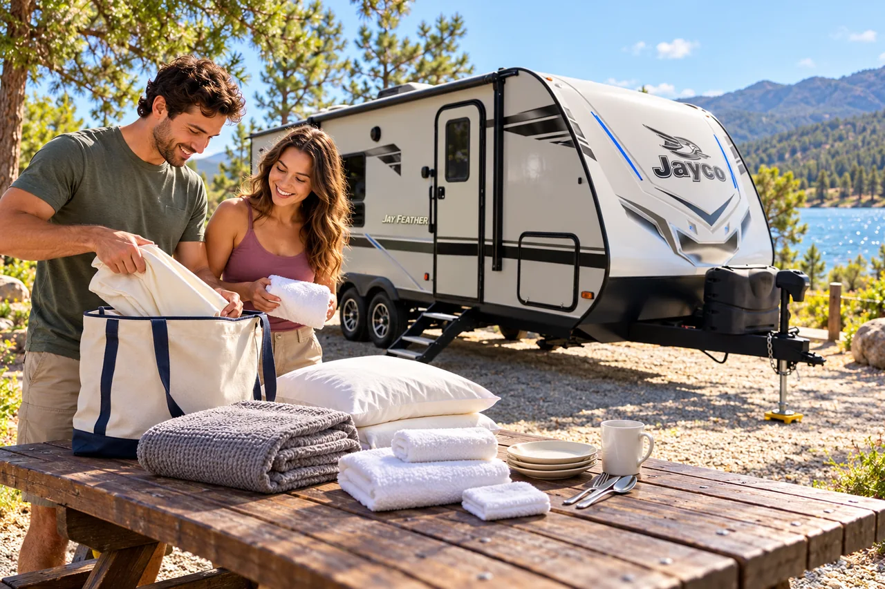 Edited lifestyle scene of travelers packing bedding beside the WeRV Jay Feather