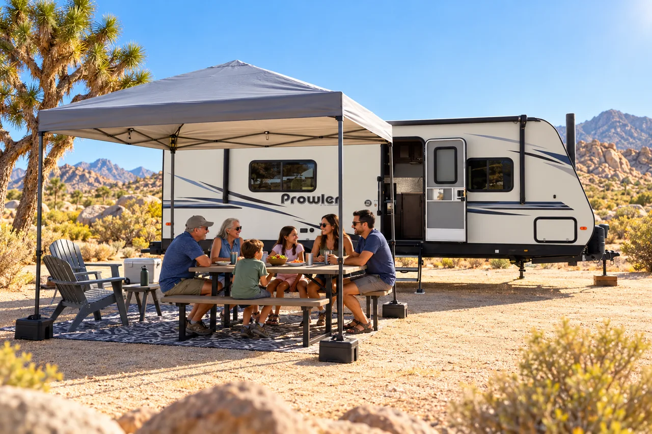 Edited lifestyle scene of an outdoor shade setup beside the WeRV Prowler trailer
