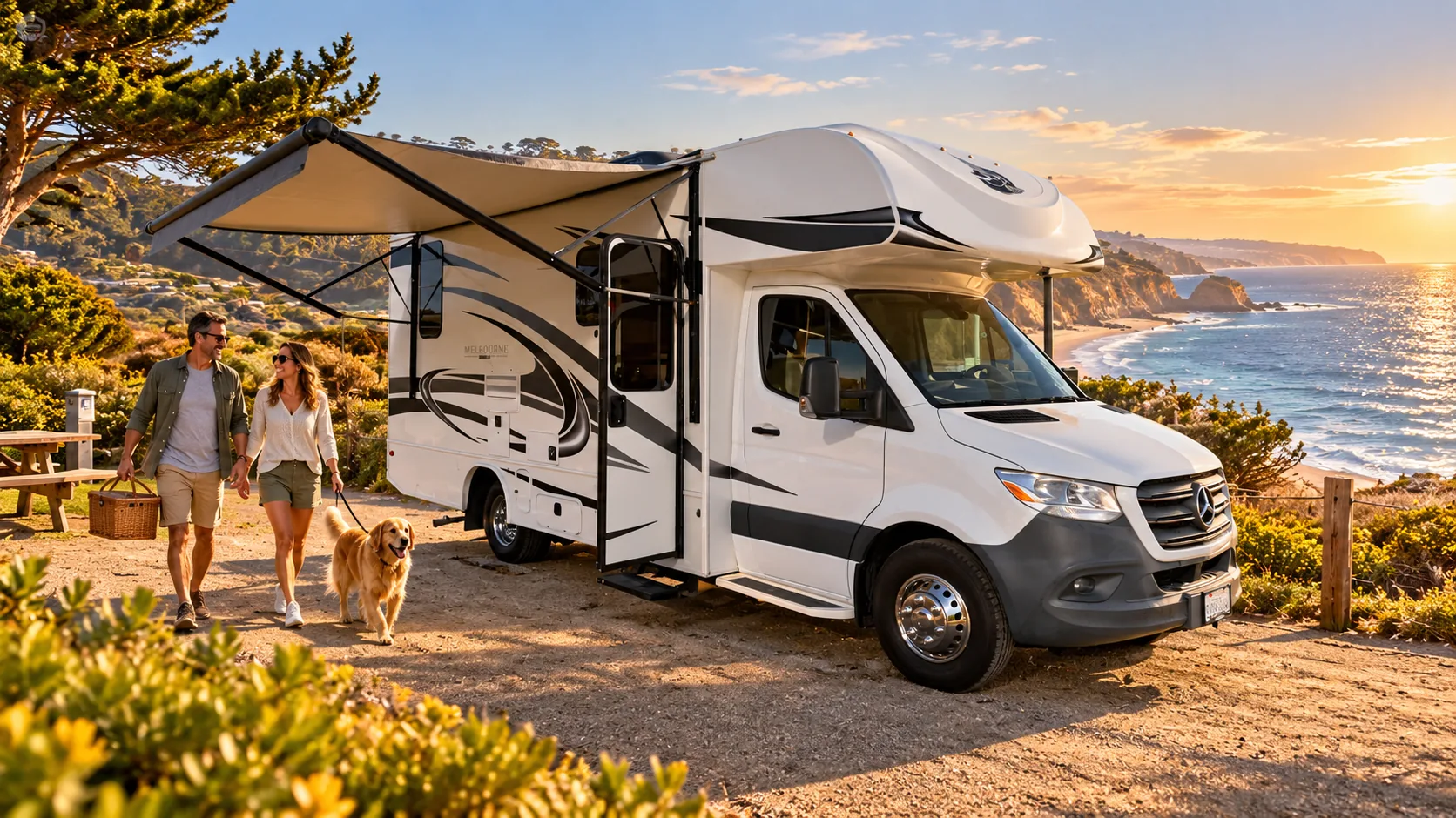 Lifestyle inspiration: Jayco Melbourne at a coastal RV park with a couple and their dog returning from a picnic.