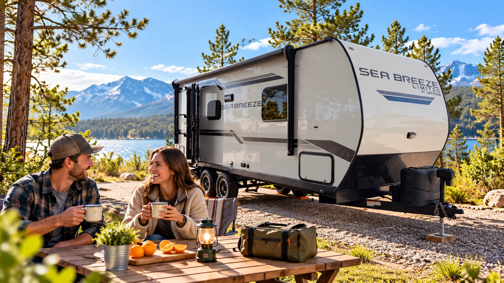 Lifestyle inspiration: Sea Breeze travel trailer beside a relaxed outdoor meal at a spacious RV park.