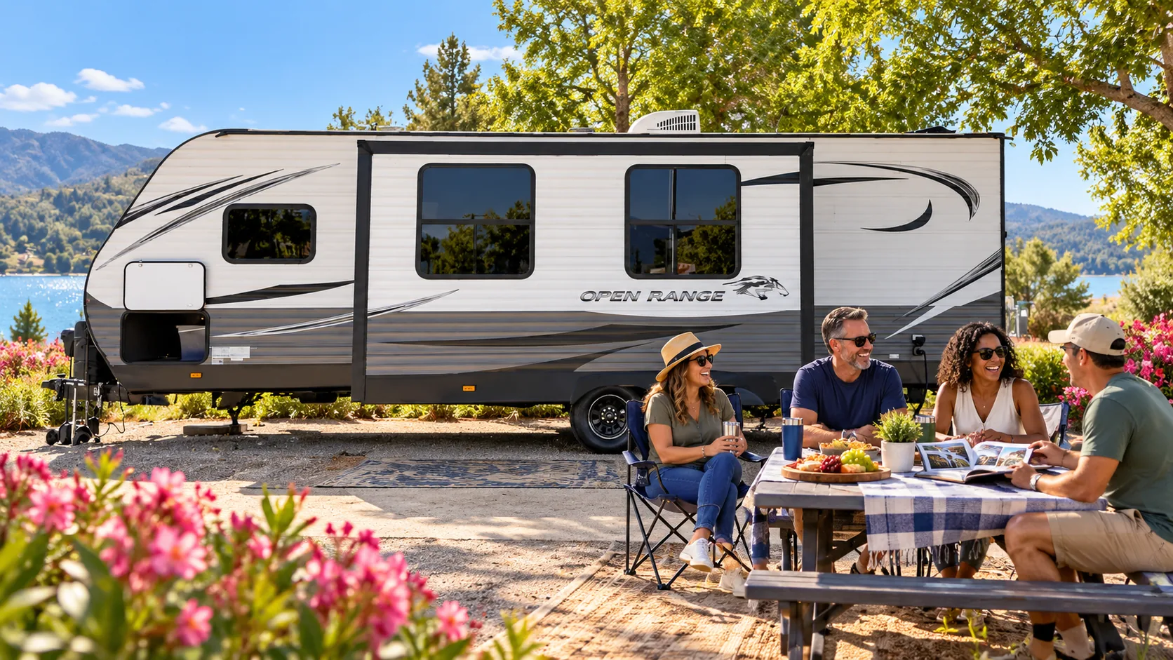 Edited lifestyle visualization featuring a WeRV RV. Lifestyle inspiration: Guests gathered around a table beside the Open Range travel trailer.