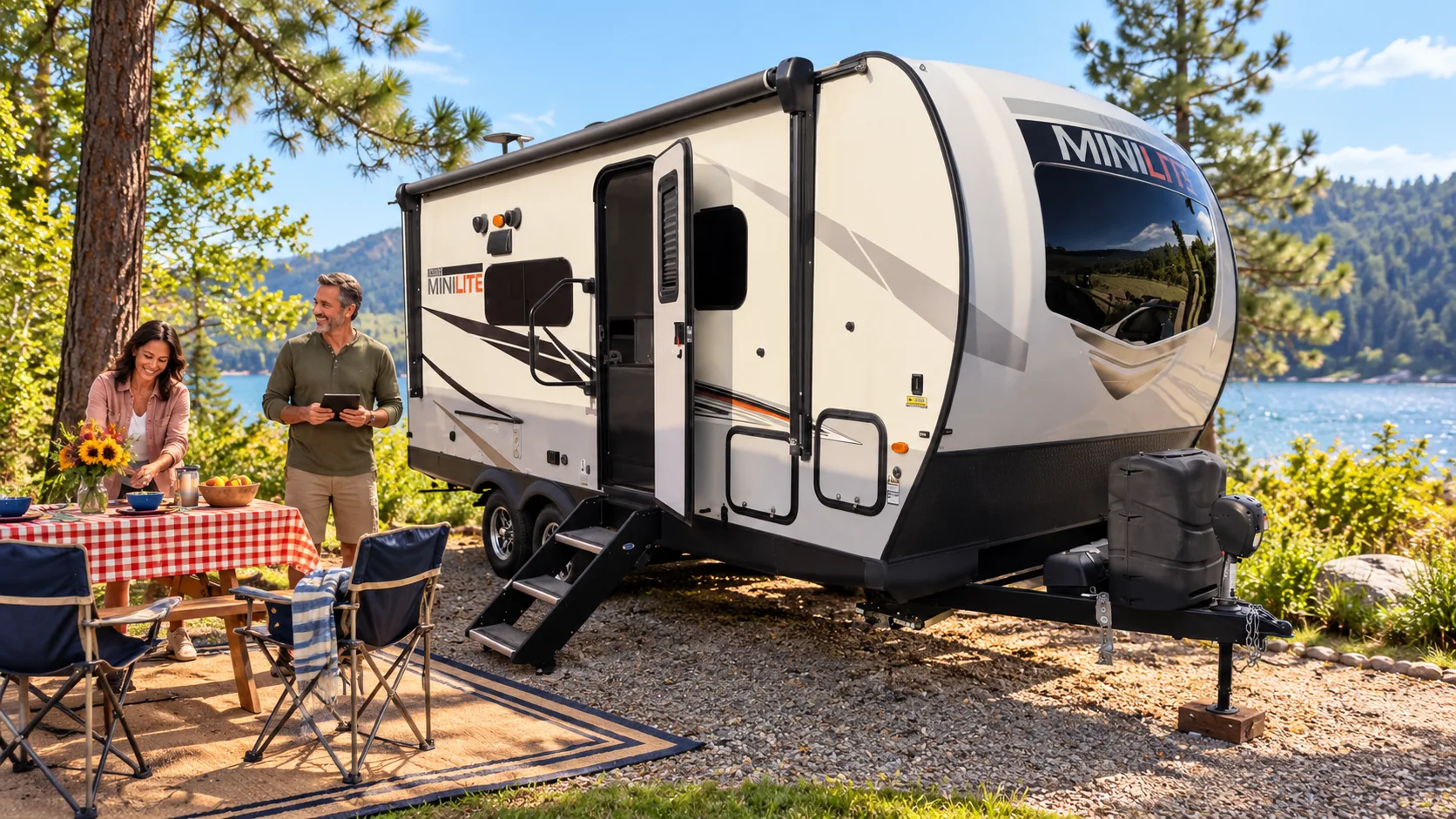 Edited lifestyle visualization featuring a WeRV RV. Lifestyle inspiration: Rockwood Mini Lite presented at a sunny RV park with guests nearby.