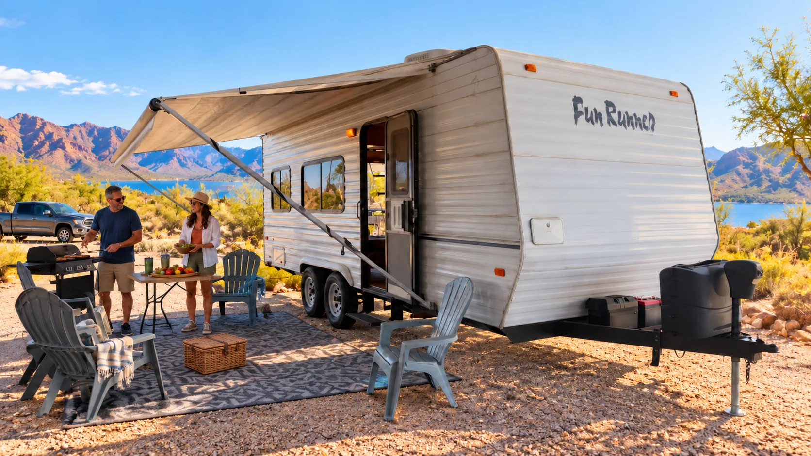 Lifestyle inspiration: Guests relaxing beside the Fun Runner at a desert RV base camp.